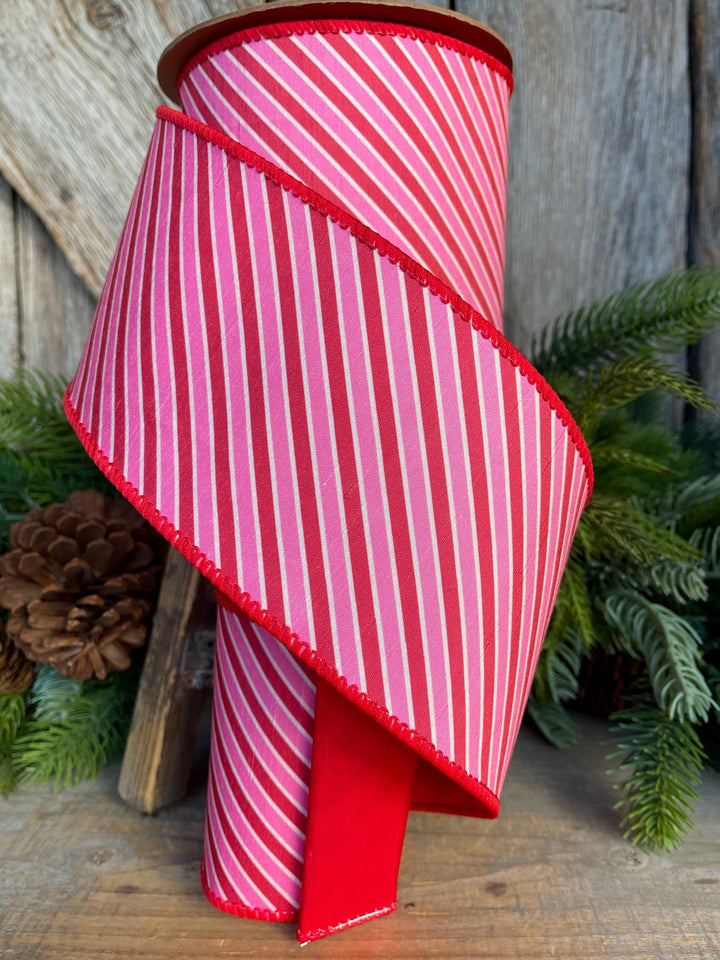 4" Valentine Ribbon, Pink Red Diagonal Ribbon, Designer Wired Ribbon