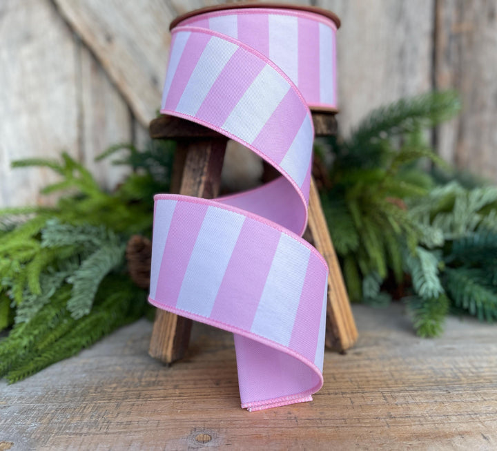 2.5” Pink Stripe Wired Ribbon – Spring Easter Ribbon, Designer Pastel Ribbon for Wreaths