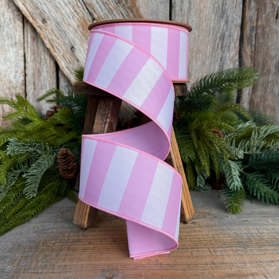 2.5” Pink Stripe Wired Ribbon – Spring Easter Ribbon, Designer Pastel Ribbon for Wreaths