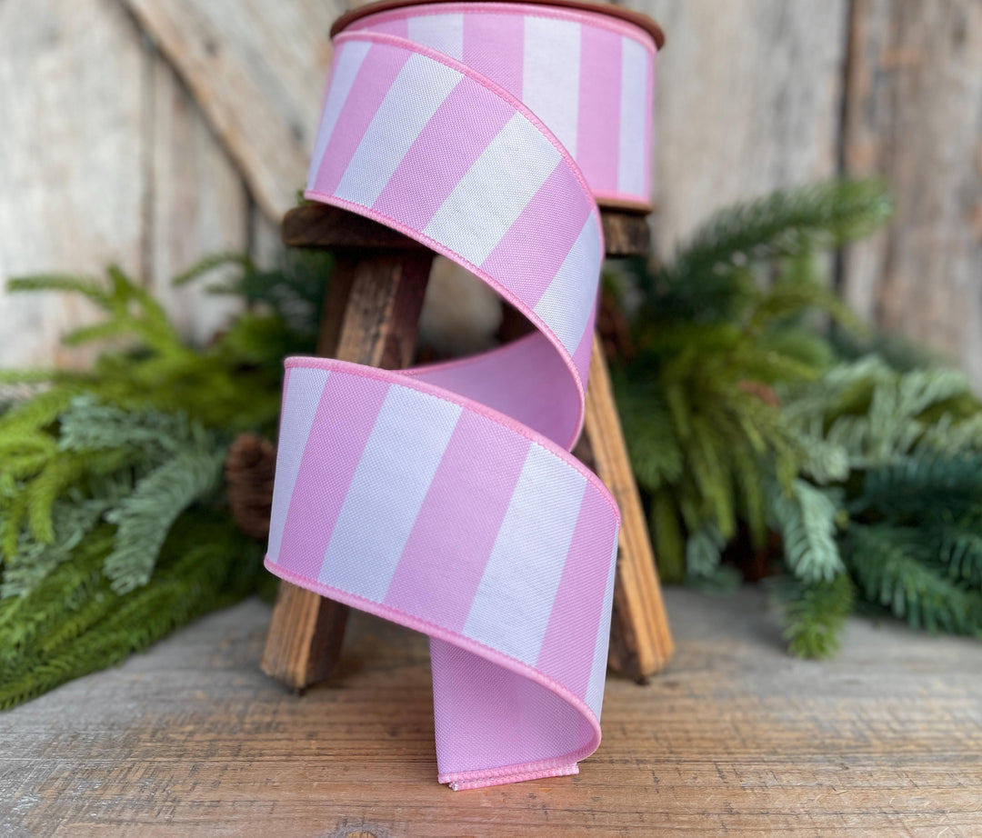 2.5” Pink Stripe Wired Ribbon – Spring Easter Ribbon, Designer Pastel Ribbon for Wreaths