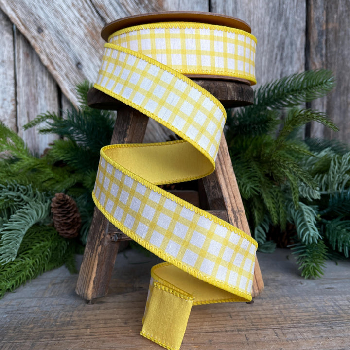 1.5” Yellow Check Wired Ribbon – Spring Easter Ribbon, Yellow &amp; White Dupioni Ribbon