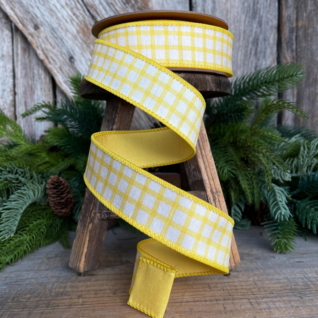 1.5” Yellow Check Wired Ribbon – Spring Easter Ribbon, Yellow & White Dupioni Ribbon