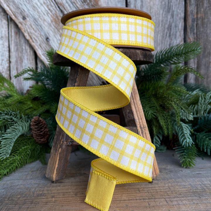1.5” Yellow Check Wired Ribbon – Spring Easter Ribbon, Yellow &amp; White Dupioni Ribbon