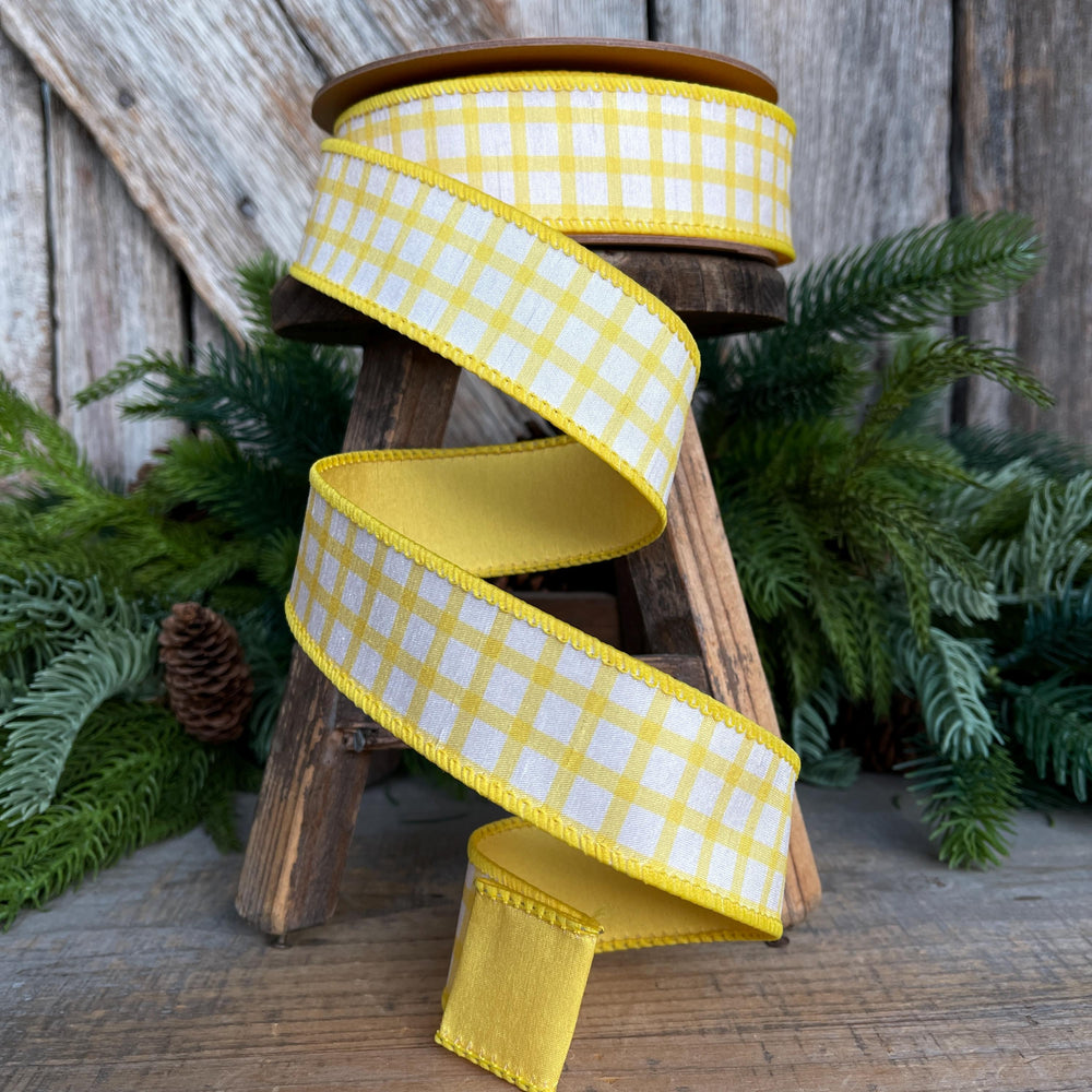 1.5” Yellow Check Wired Ribbon – Spring Easter Ribbon, Yellow & White Dupioni Ribbon