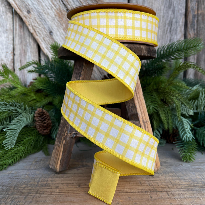 1.5” Yellow Check Wired Ribbon – Spring Easter Ribbon, Yellow &amp; White Dupioni Ribbon