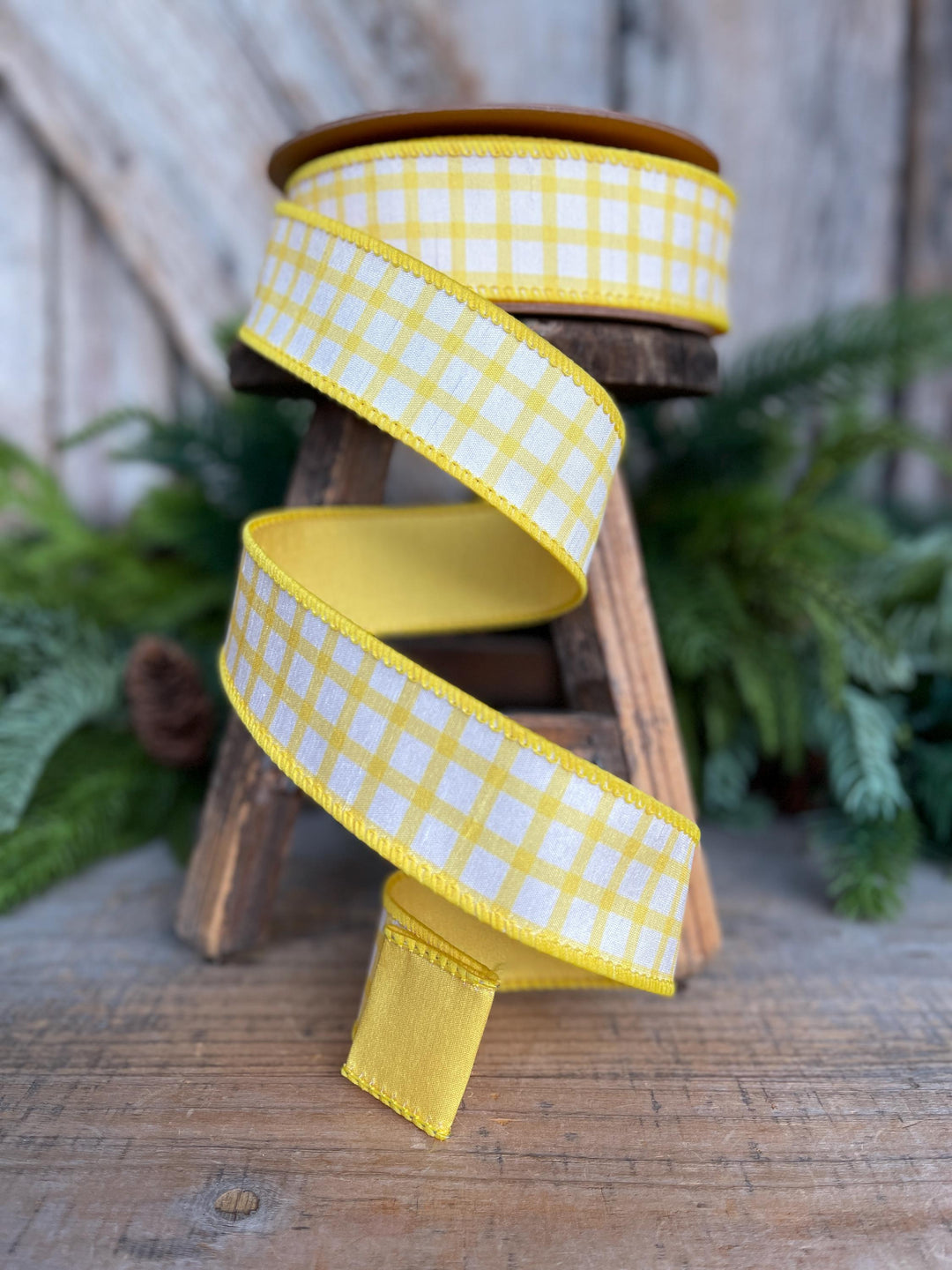 1.5” Yellow Check Wired Ribbon – Spring Easter Ribbon, Yellow &amp; White Dupioni Ribbon
