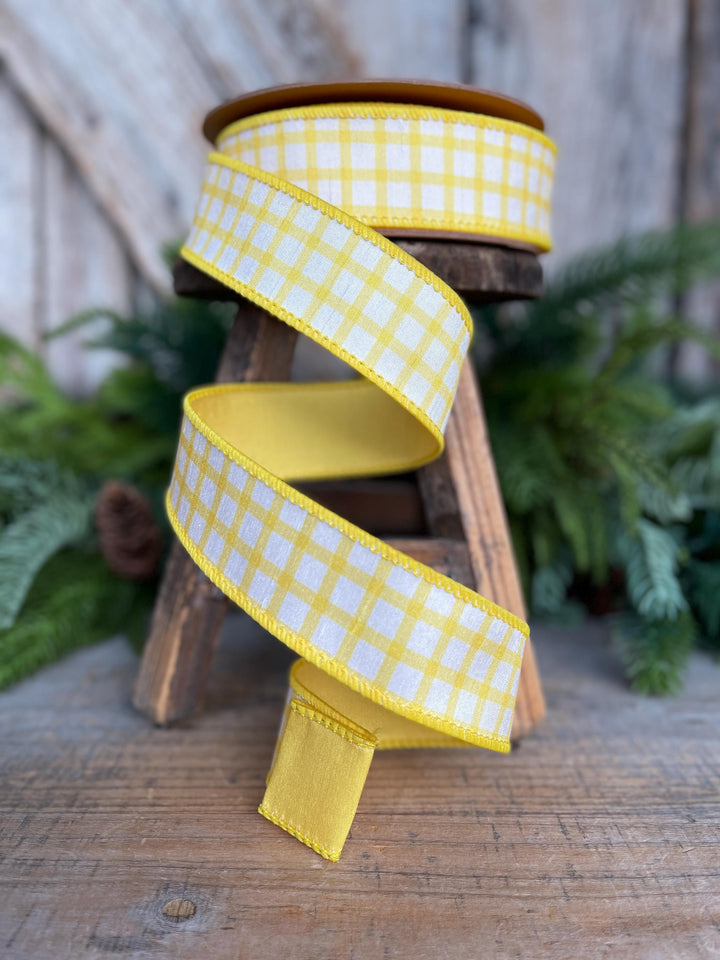 1.5” Yellow Check Wired Ribbon – Spring Easter Ribbon, Yellow &amp; White Dupioni Ribbon
