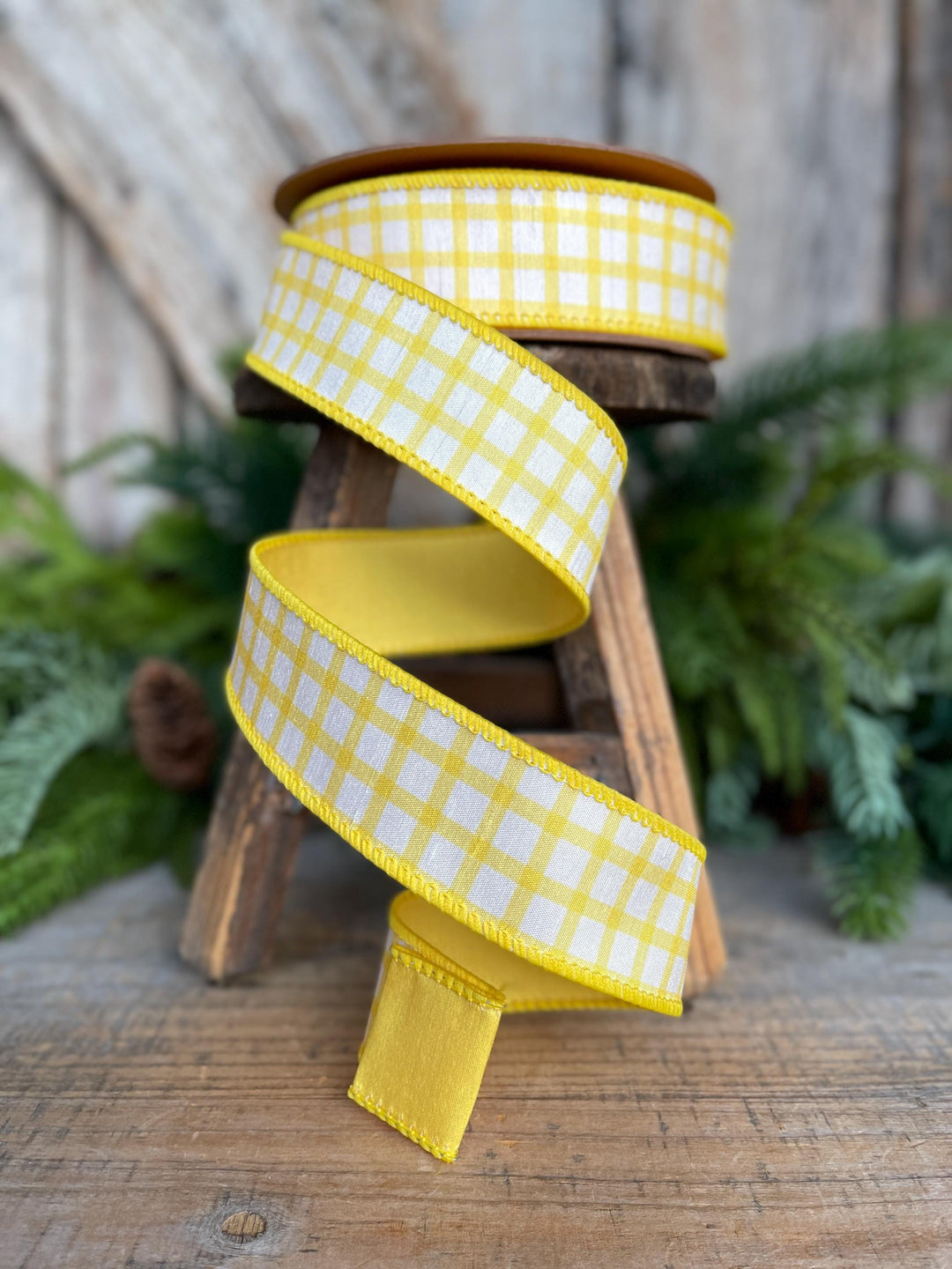 1.5” Yellow Check Wired Ribbon – Spring Easter Ribbon, Yellow &amp; White Dupioni Ribbon
