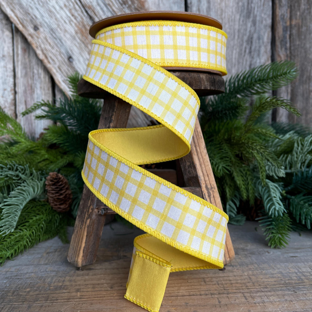1.5” Yellow Check Wired Ribbon – Spring Easter Ribbon, Yellow &amp; White Dupioni Ribbon