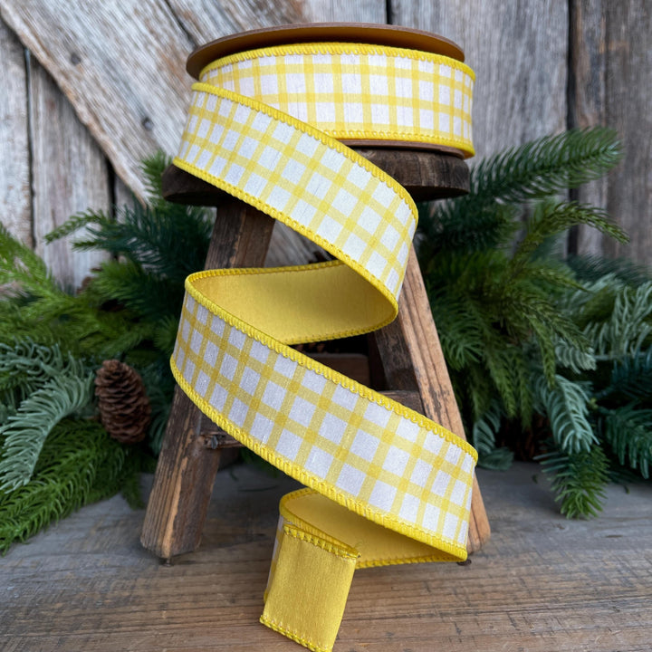 1.5” Yellow Check Wired Ribbon – Spring Easter Ribbon, Yellow &amp; White Dupioni Ribbon