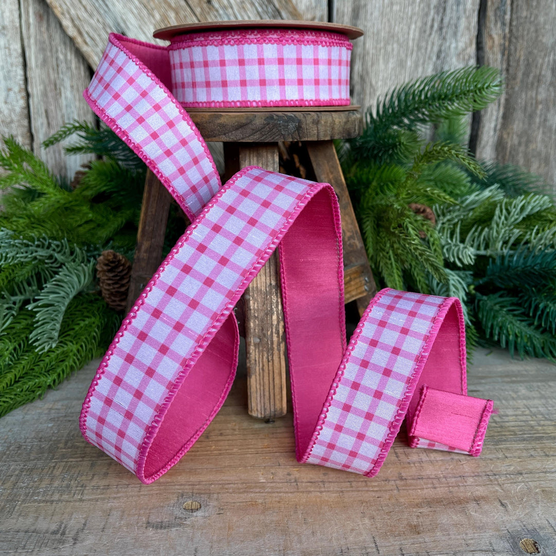 1.5” Pink Check Wired Ribbon – Spring Easter Ribbon, Pink &amp; White Dupioni Ribbon