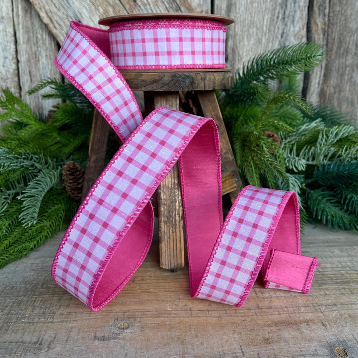 1.5” Pink Check Wired Ribbon – Spring Easter Ribbon, Pink &amp; White Dupioni Ribbon