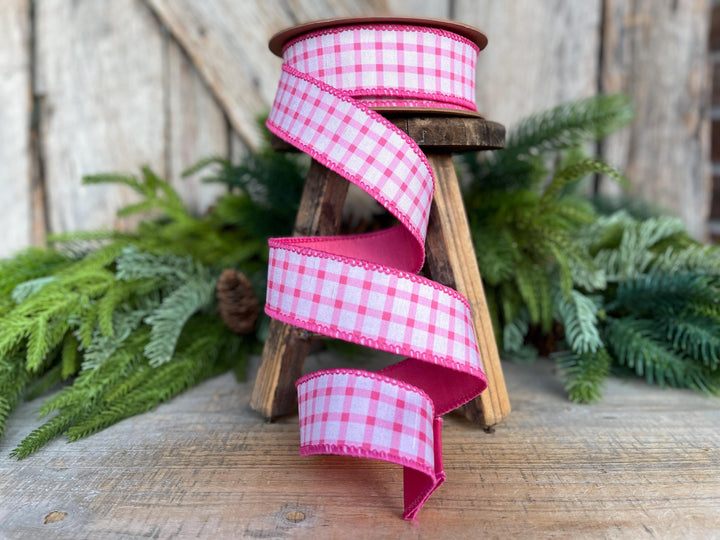 1.5” Pink Check Wired Ribbon – Spring Easter Ribbon, Pink &amp; White Dupioni Ribbon