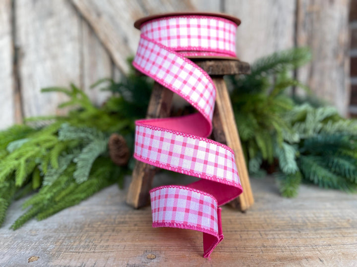 1.5” Pink Check Wired Ribbon – Spring Easter Ribbon, Pink &amp; White Dupioni Ribbon