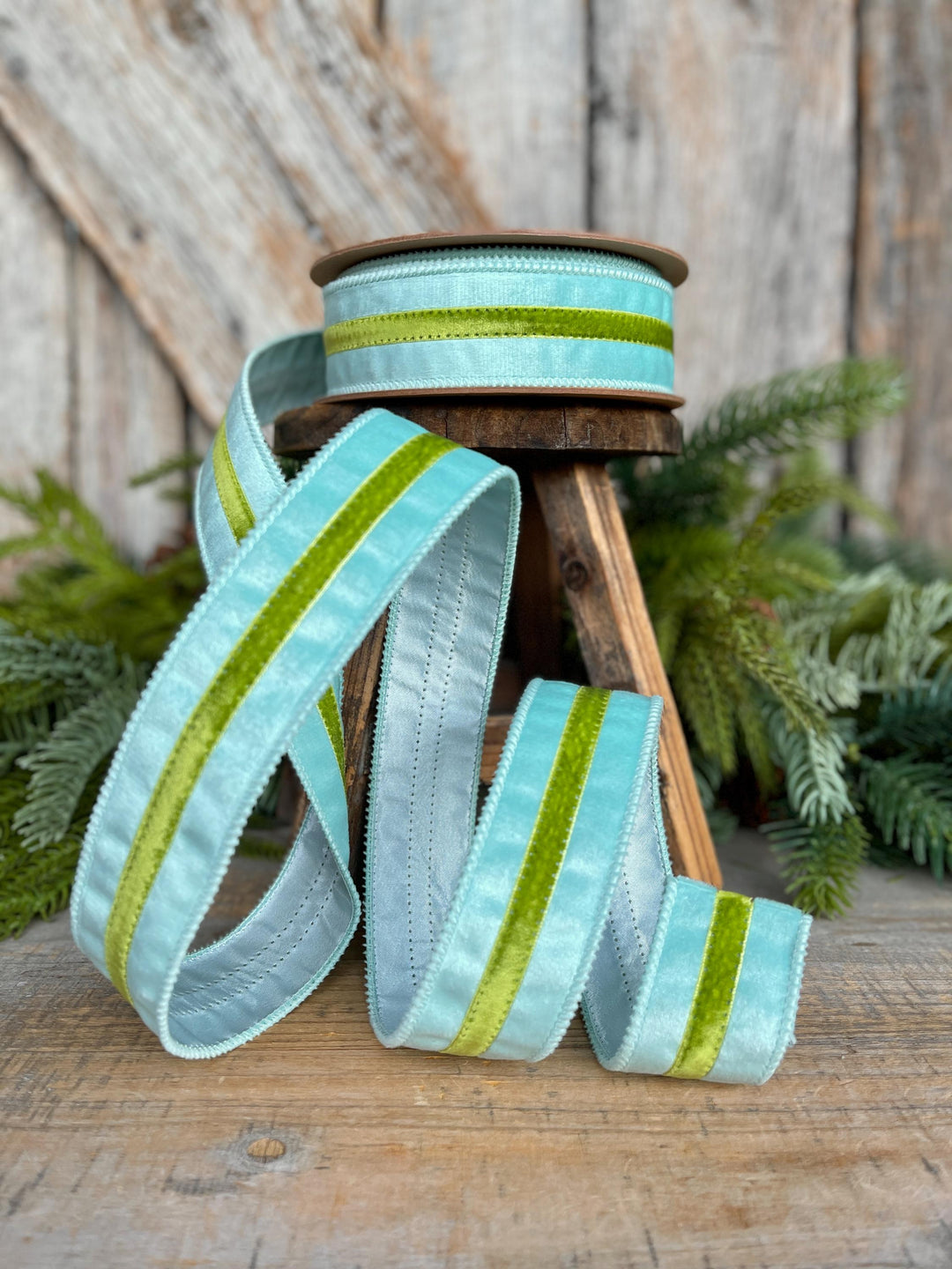 1.5” Blue Velvet Wired Ribbon with Green Trim – Designer Spring Ribbon