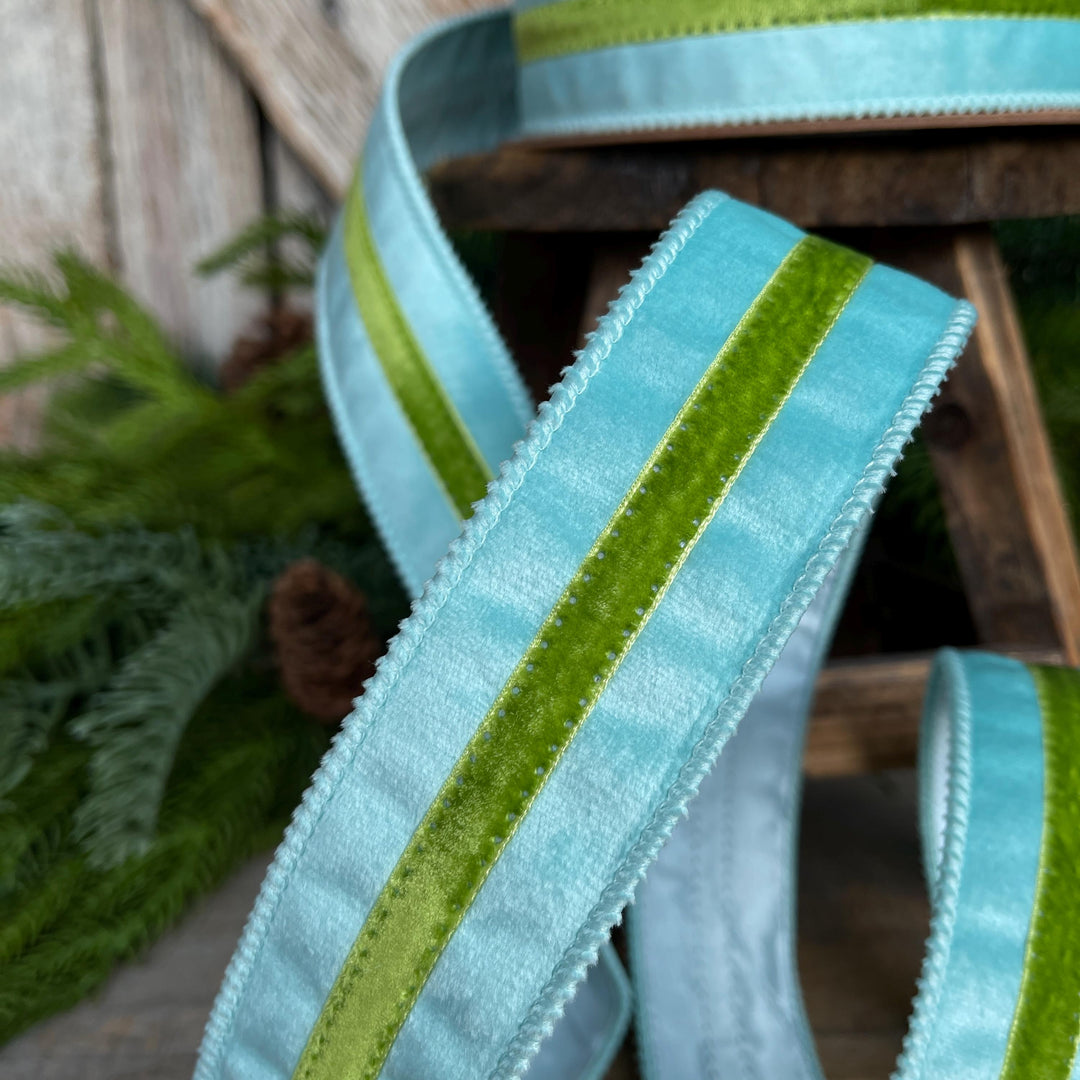 1.5” Blue Velvet Wired Ribbon with Green Trim – Designer Spring Ribbon