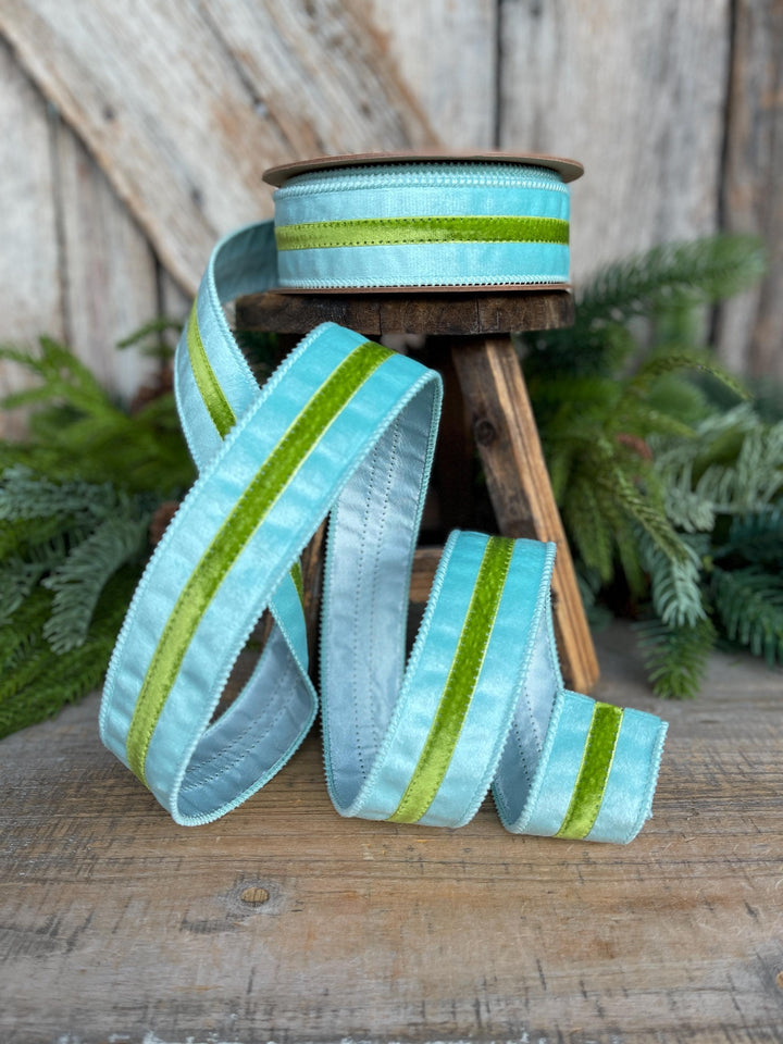 1.5” Blue Velvet Wired Ribbon with Green Trim – Designer Spring Ribbon
