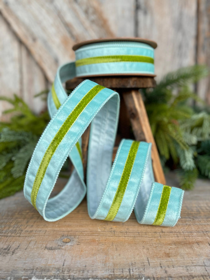 1.5” Blue Velvet Wired Ribbon with Green Trim – Designer Spring Ribbon
