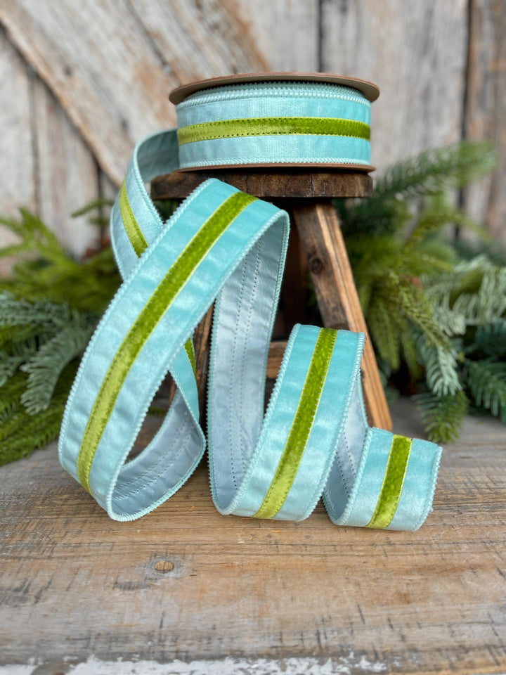 1.5” Blue Velvet Wired Ribbon with Green Trim – Designer Spring Ribbon
