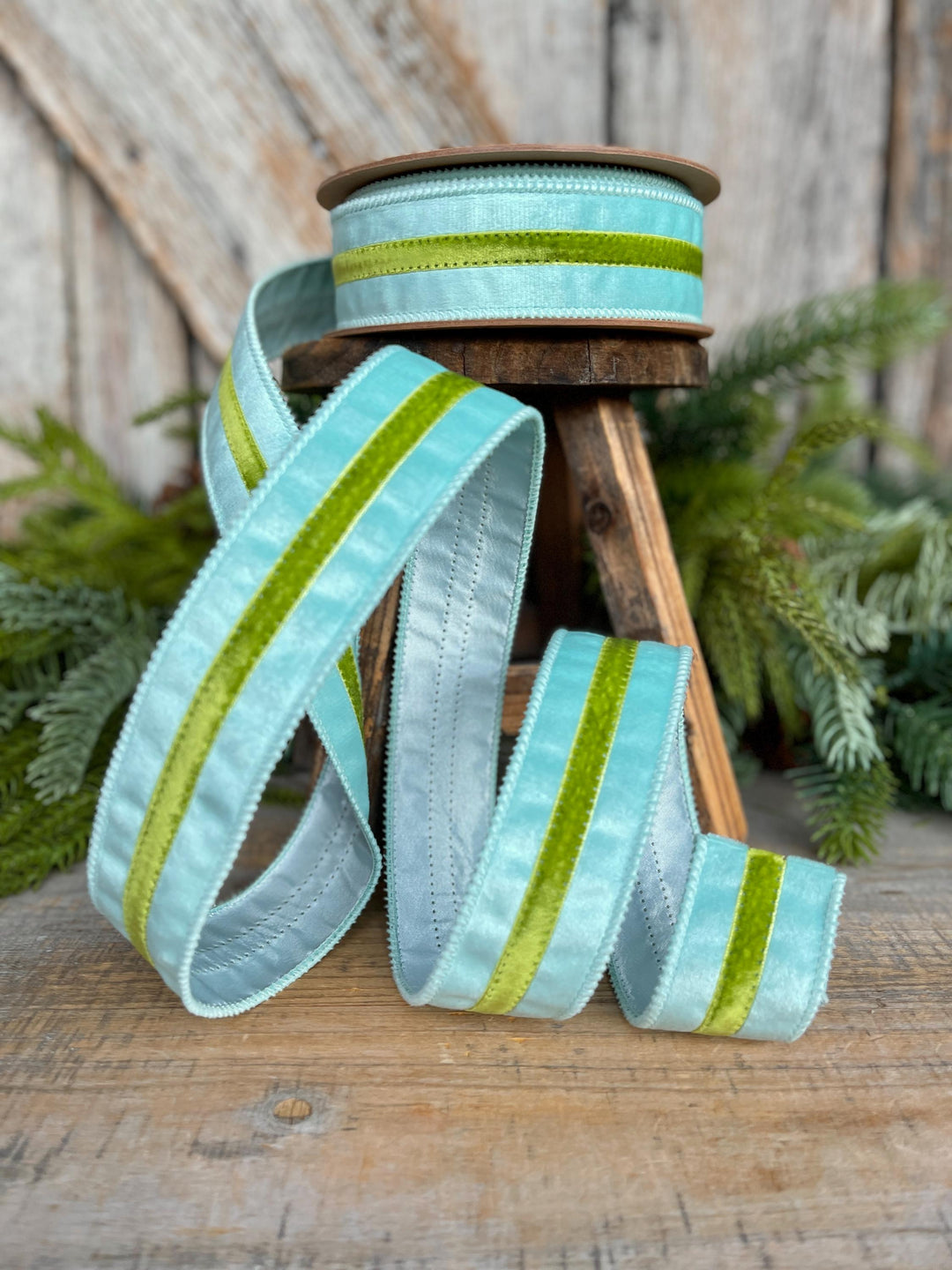 1.5” Blue Velvet Wired Ribbon with Green Trim – Designer Spring Ribbon