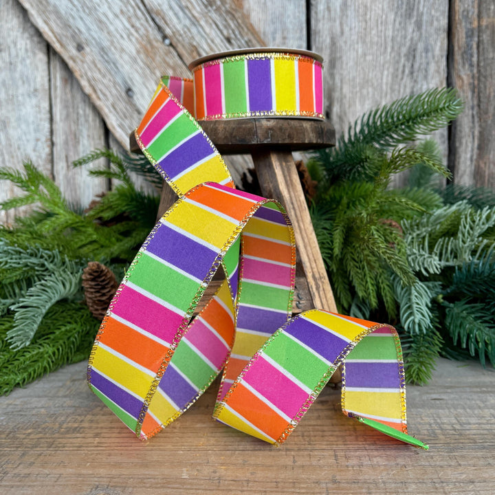 1.5” Bright Stripe Wired Ribbon with Gold Edge – Designer Ribbon for Wreaths
