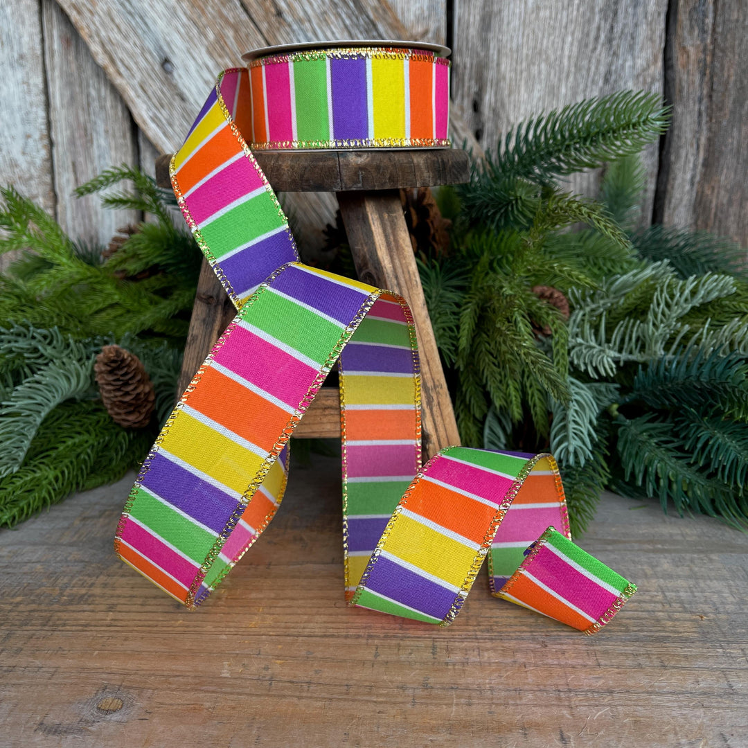 1.5” Bright Stripe Wired Ribbon with Gold Edge – Designer Ribbon for Wreaths