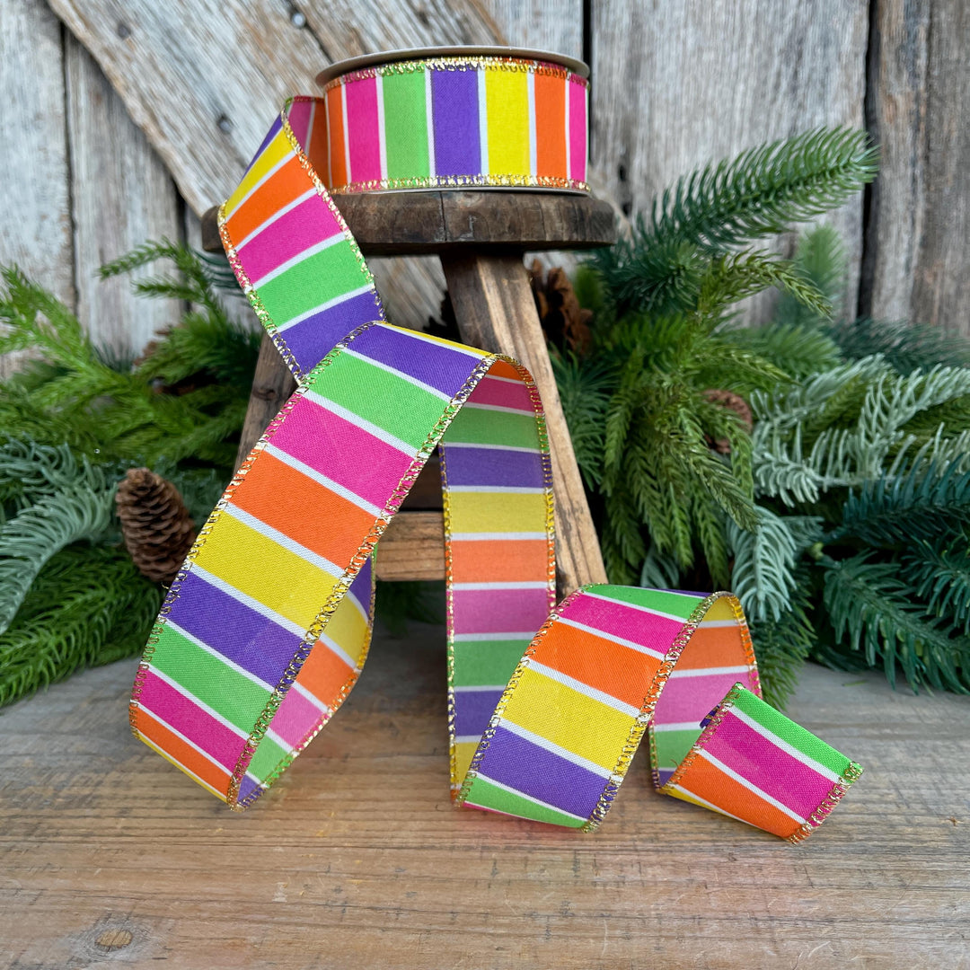 1.5” Bright Stripe Wired Ribbon with Gold Edge – Designer Ribbon for Wreaths