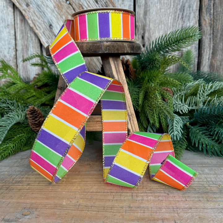 1.5” Bright Stripe Wired Ribbon with Gold Edge – Designer Ribbon for Wreaths
