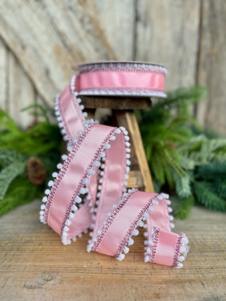 1.5” Pink Ribbed Satin Wired Ribbon with White Snowball Edge – Designer Ribbon