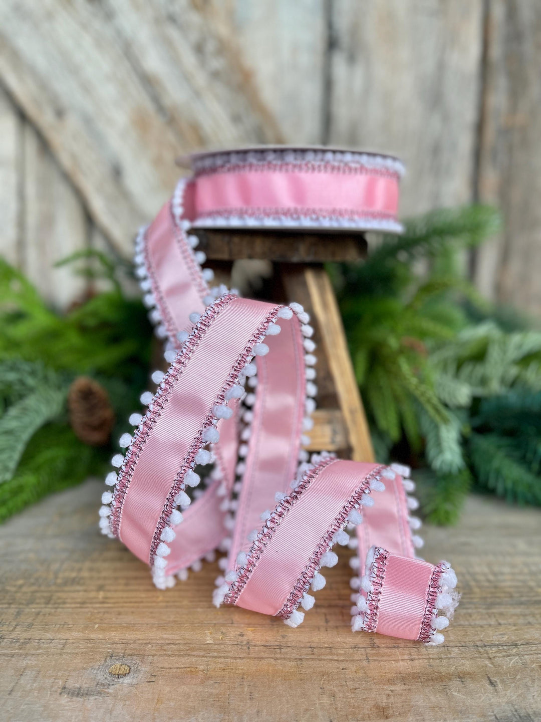 1.5” Pink Ribbed Satin Wired Ribbon with White Snowball Edge – Designer Ribbon