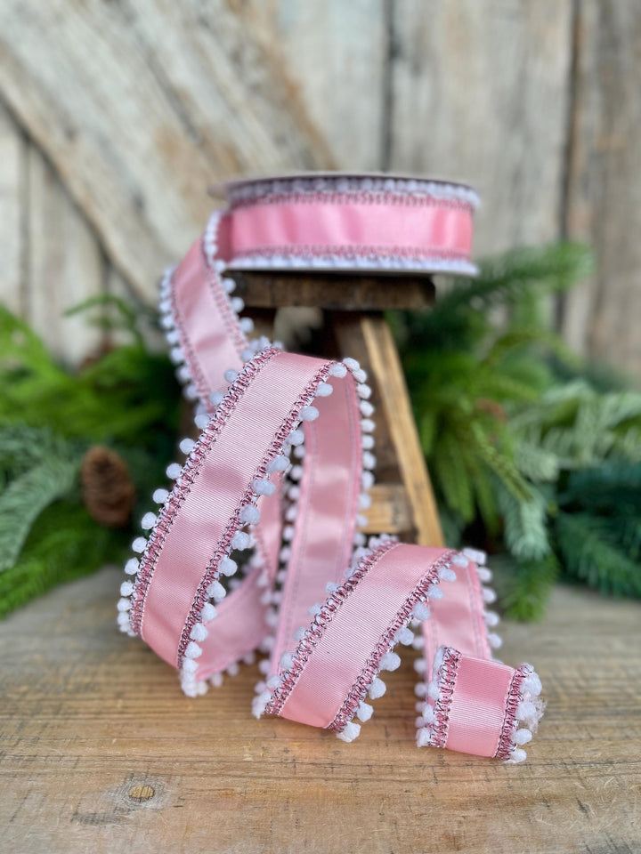1.5” Pink Ribbed Satin Wired Ribbon with White Snowball Edge – Designer Ribbon