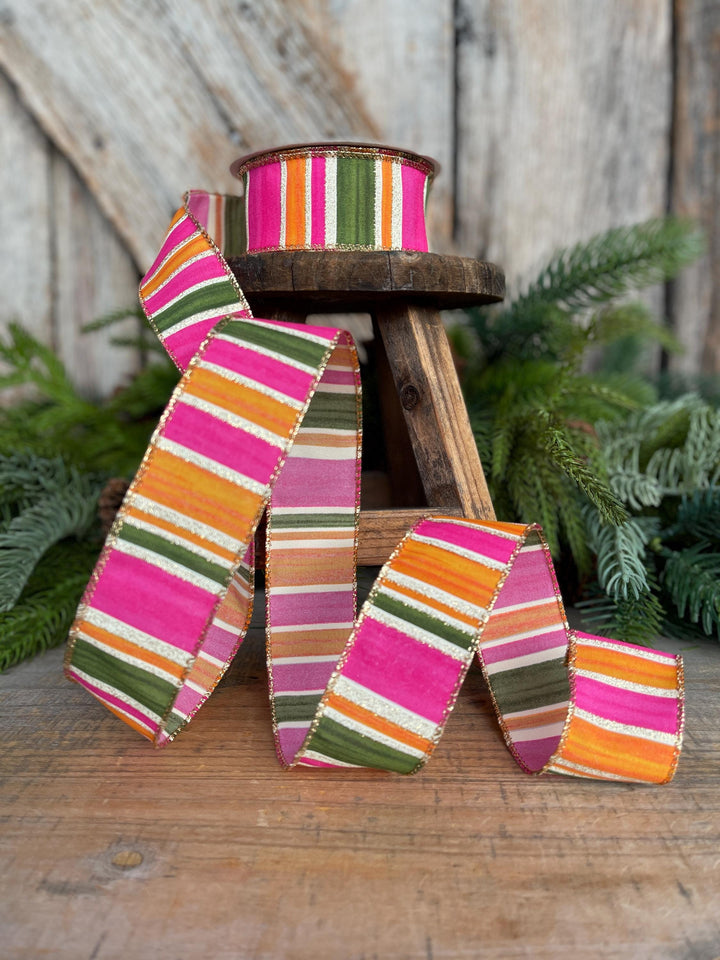 1.5” Pink Green Orange Striped Ribbon