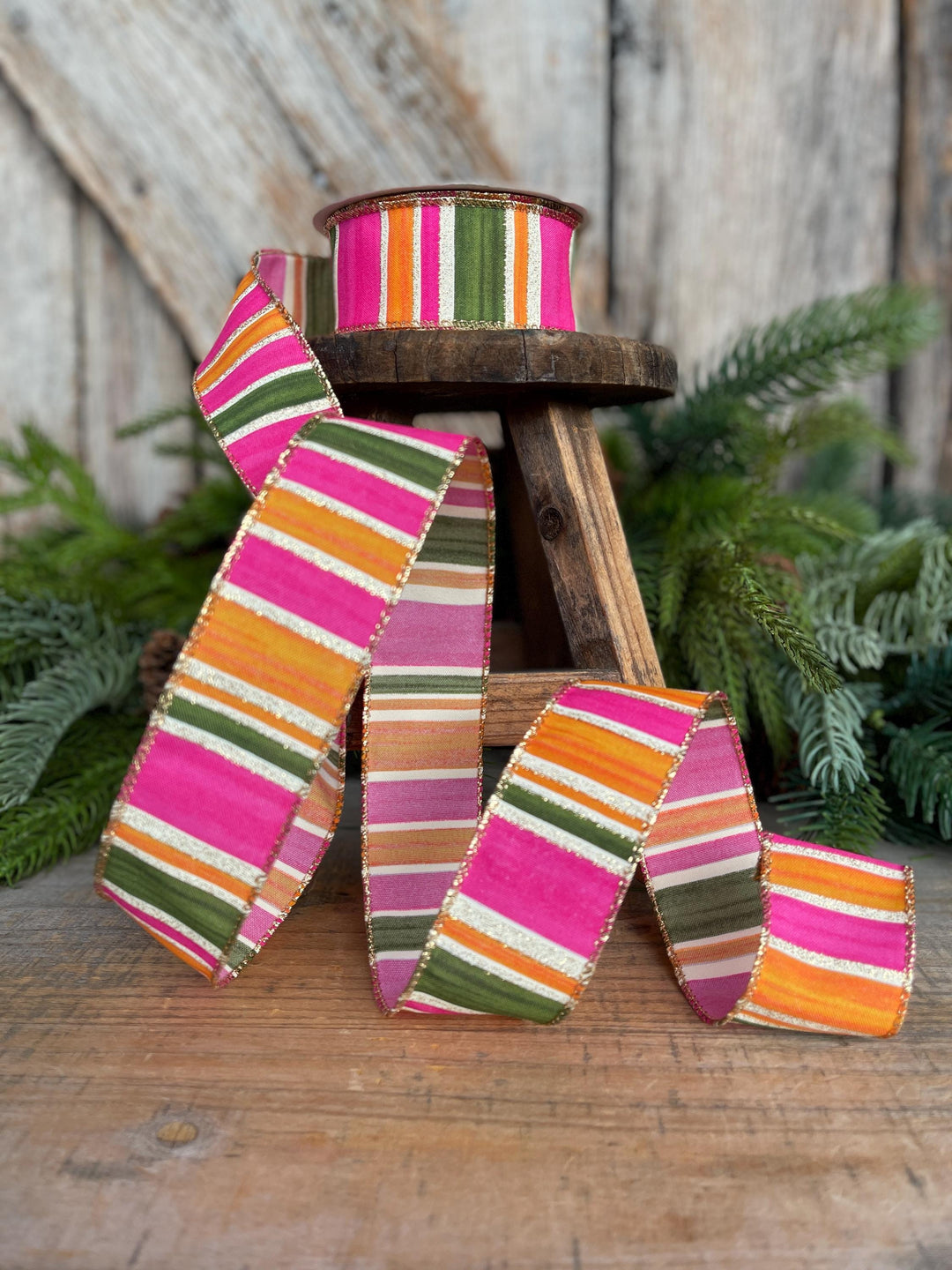 1.5” Pink Green Orange Striped Ribbon