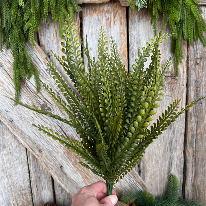 19" Button Fern Greenery Bush, Beaded Leaf Bush, Green Beaded Leaf Bush