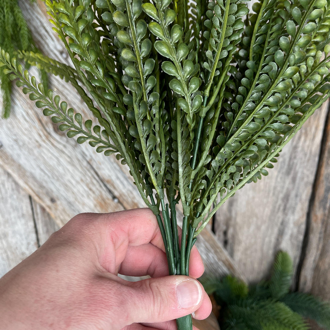 19" Button Fern Greenery Bush, Beaded Leaf Bush, Green Beaded Leaf Bush