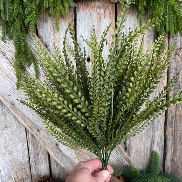 19" Fall Greenery Bush, Beaded Leaf Bush, Green Button Fern Bush