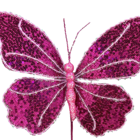 10" Pink Sequin Butterfly Pick, Spring Decor, Butterfly Decor, Butterfly Wreath Attachment, Pink butterfly decor, 63578BT