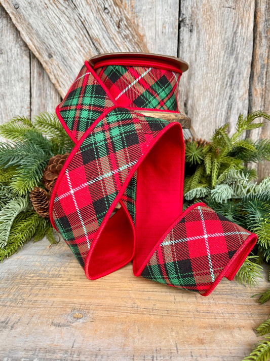 2.5" Christmas Plaid Ribbon, Red Green Plaid Ribbon, Traditional Christmas Ribbon