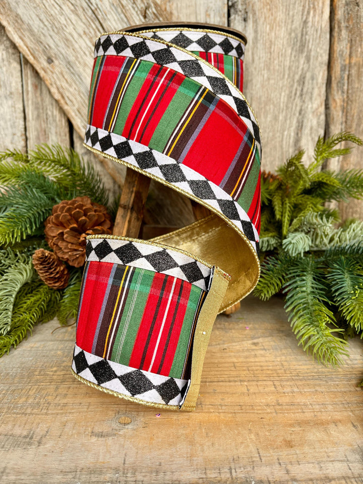 4" Christmas Plaid Ribbon, Harlequin Trim Ribbon