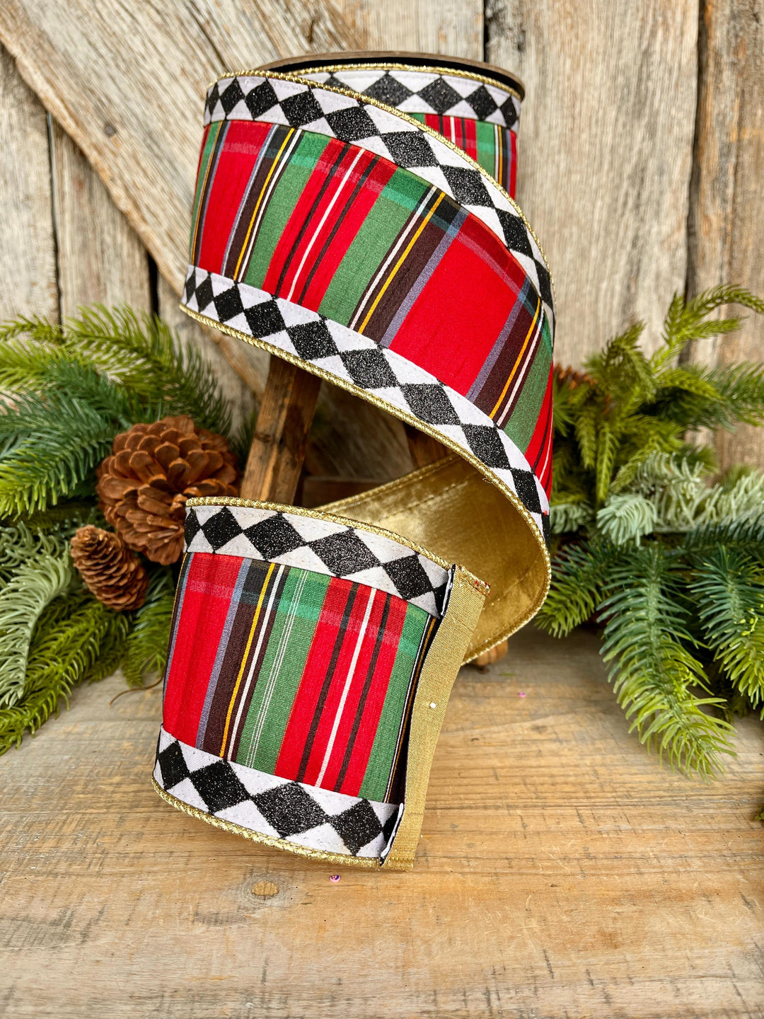 4" Christmas Plaid Ribbon, Harlequin Trim Ribbon