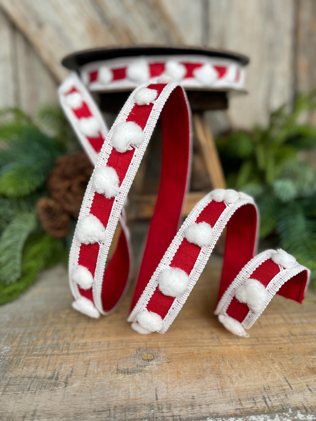 1" Red White Pom Pom Ribbon