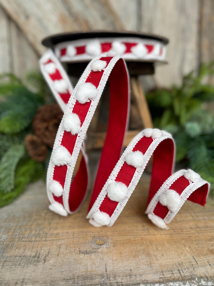 1" Red White Pom Pom Ribbon