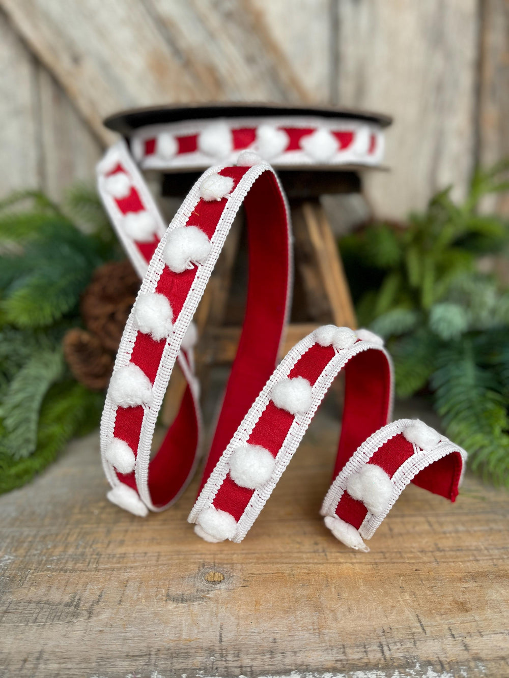 1" Red White Pom Pom Ribbon