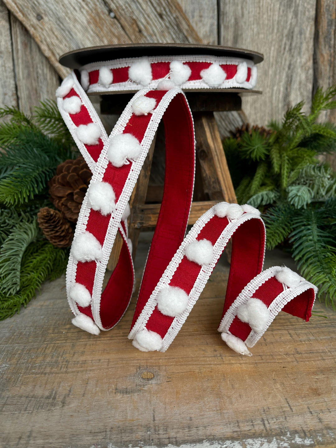 1" Red White Pom Pom Ribbon