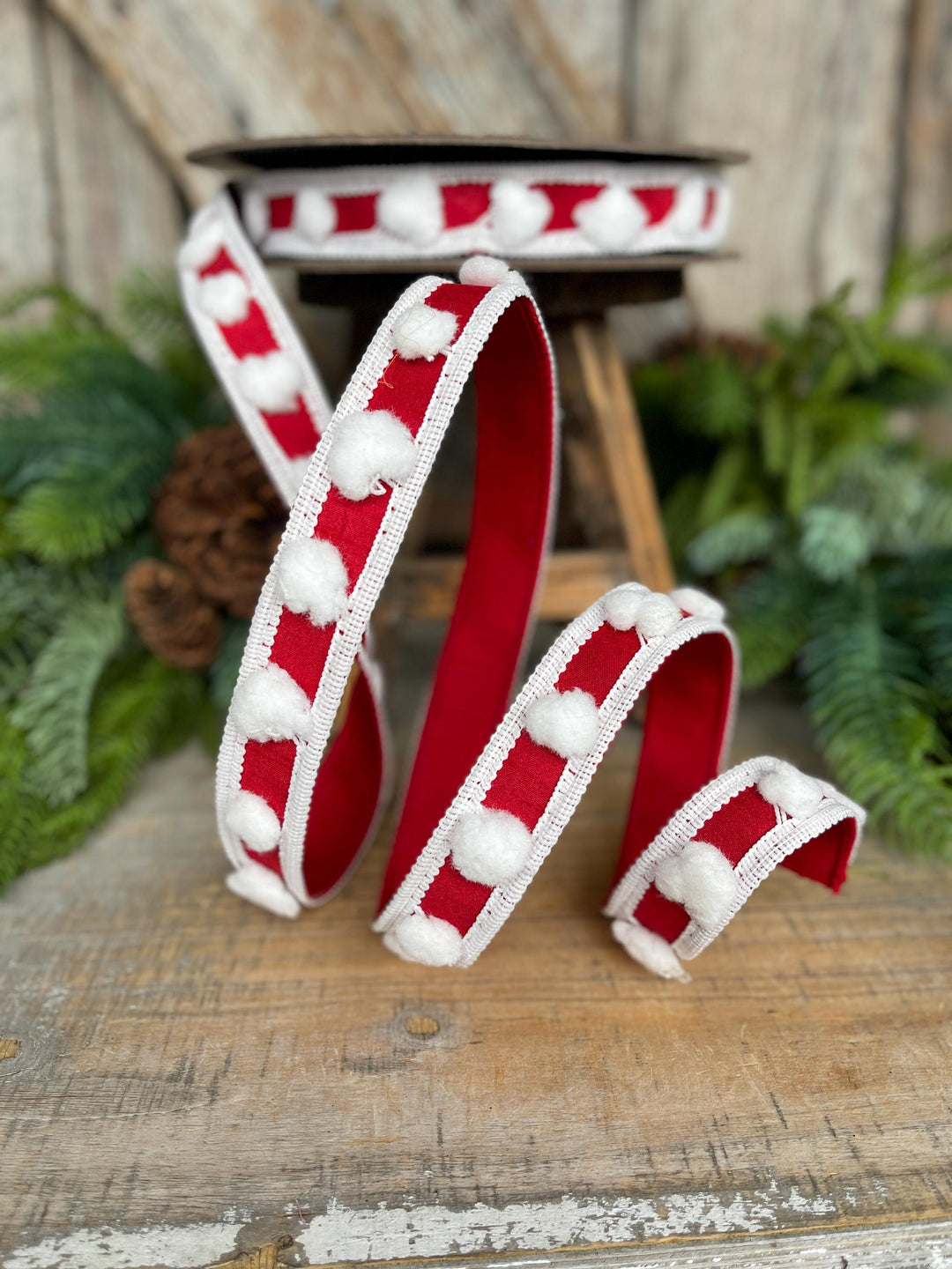 1" Red White Pom Pom Ribbon