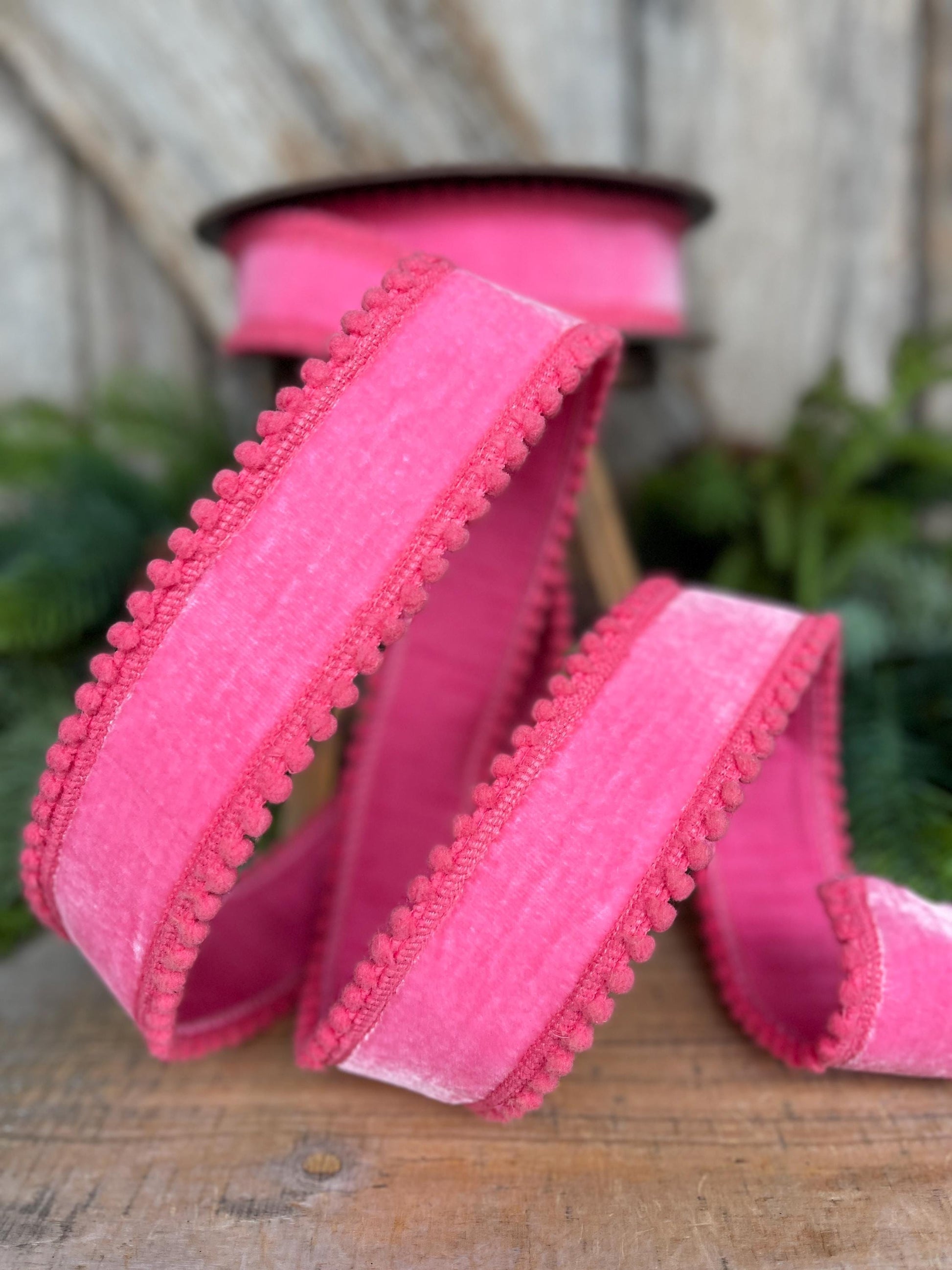 1.5" Pink Velvet Ribbon, Bubblegum Pink Ribbon with Pom Pom Edge