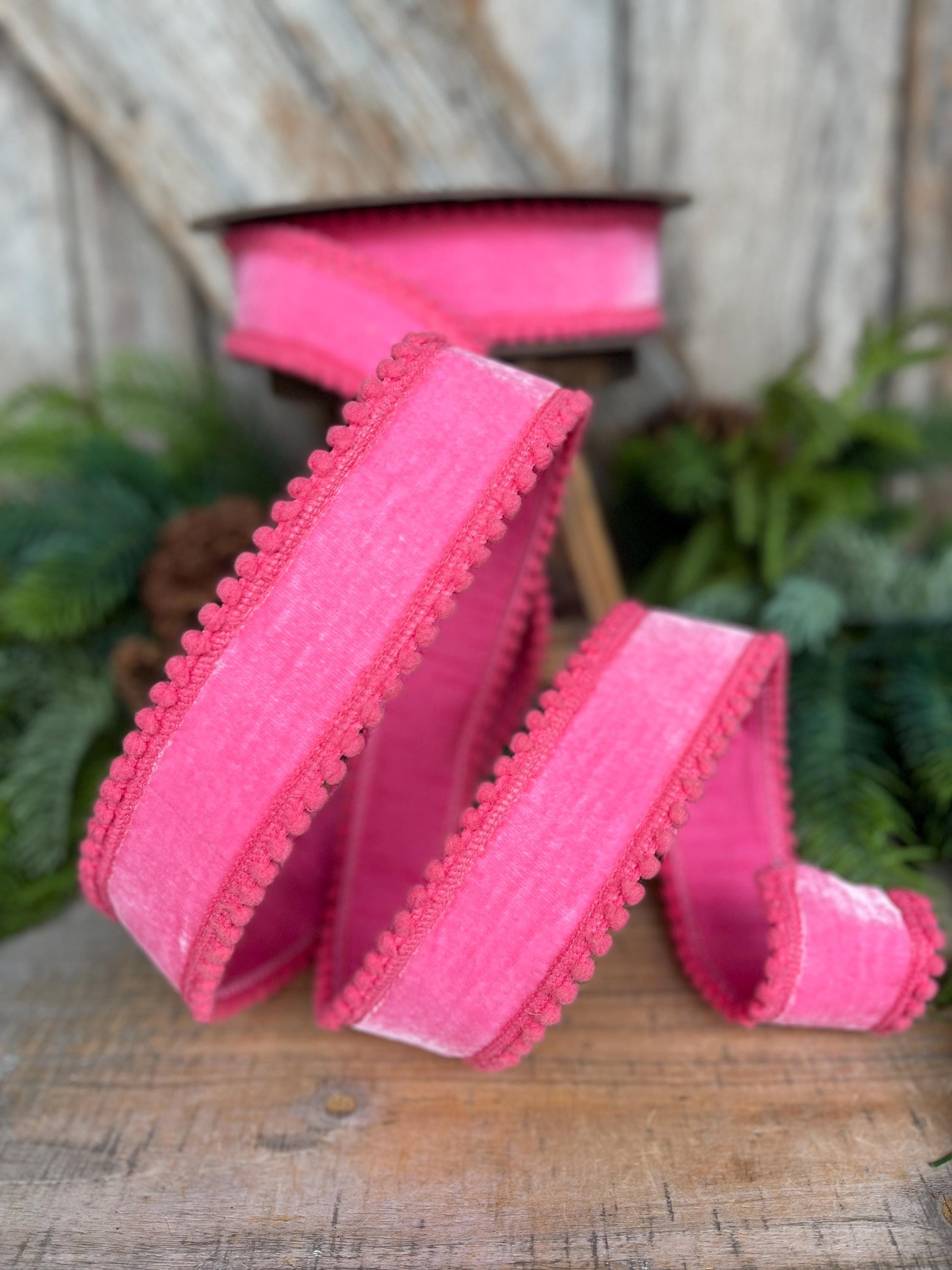 1.5" Pink Velvet Ribbon, Bubblegum Pink Ribbon with Pom Pom Edge