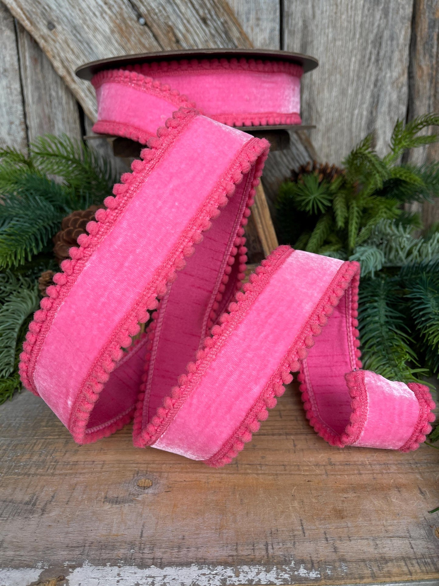 1.5" Pink Velvet Ribbon, Bubblegum Pink Ribbon with Pom Pom Edge