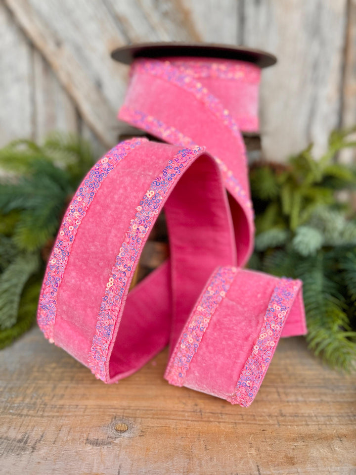 2.5" Pink Velvet Ribbon, Bubblegum Pink Ribbon with Iridescent Border