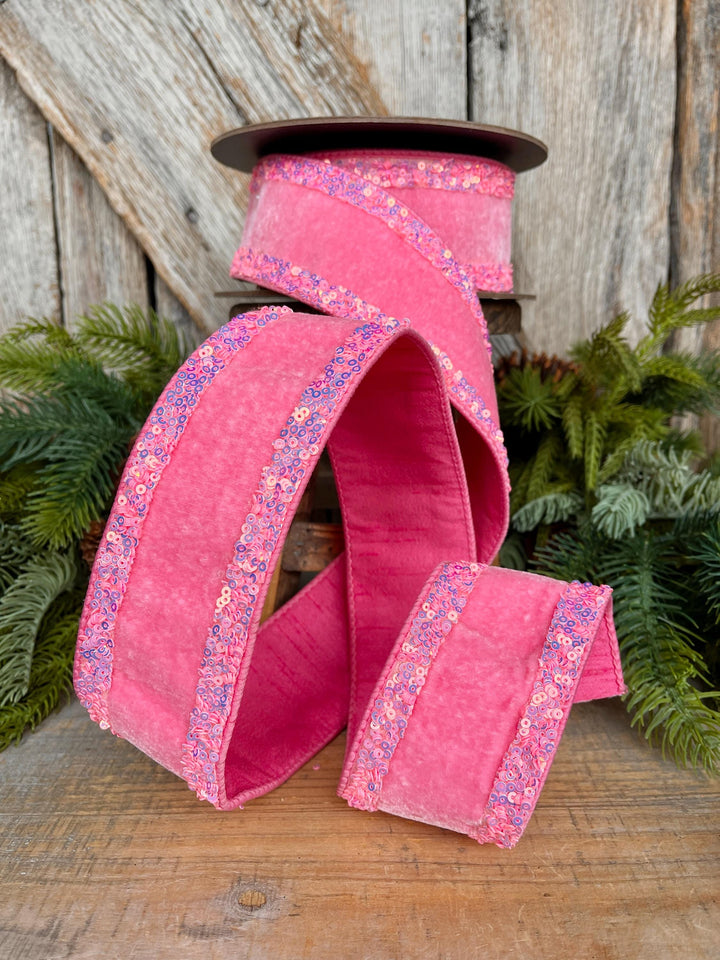2.5" Pink Velvet Ribbon, Bubblegum Pink Ribbon with Iridescent Border